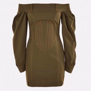 MISSGUIDED Khaki Corset Bardot Puff Sleeve Mini Dress
